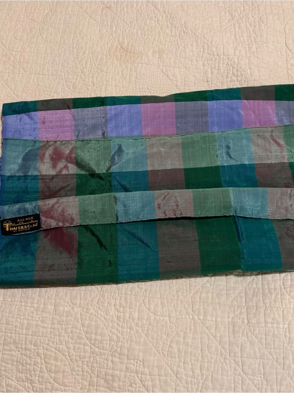 Thai Silk Co 100% Silk Plaid Scarf with Green and Teal Blocks
